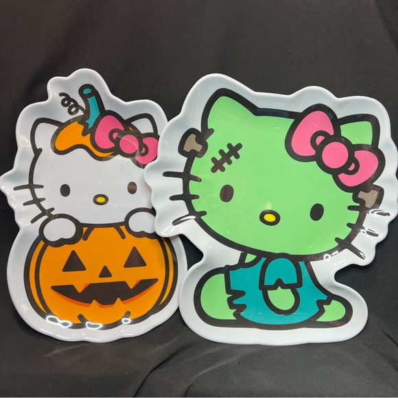 Sanrio Hello Kitty Orange Pumpkin & Green Frankenstein Halloween Melamine Plates - Picture 1 of 12